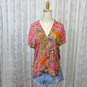 Karlie Tunic Top V Neck‎ Women's Small Pink Orange Paisley Print Pullover